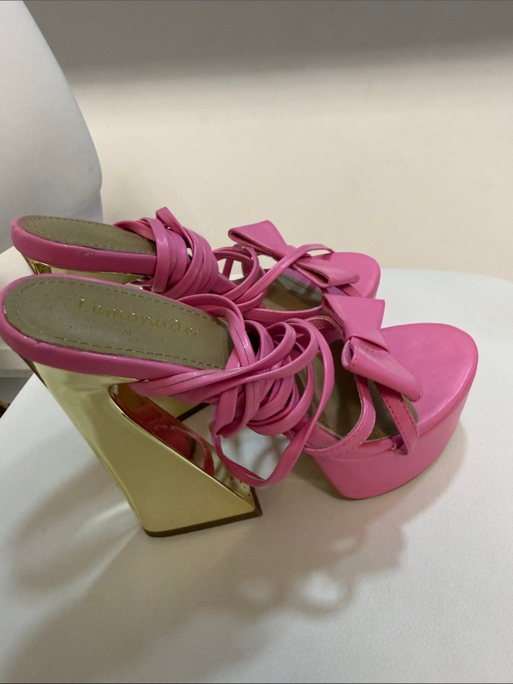 Lemonora Hot Pink Bow Lace-Up Heeled Sandals - Picture 7 of 9